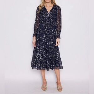 NWT Sail to Sable Navy Lurex Clip Dot Midi Flare Dress